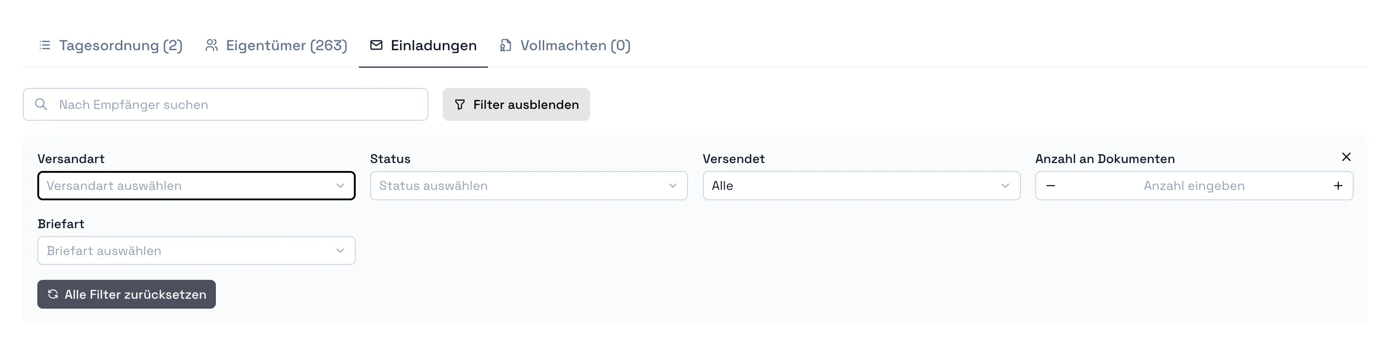 Erweiterte Filter im Einladungsbereich