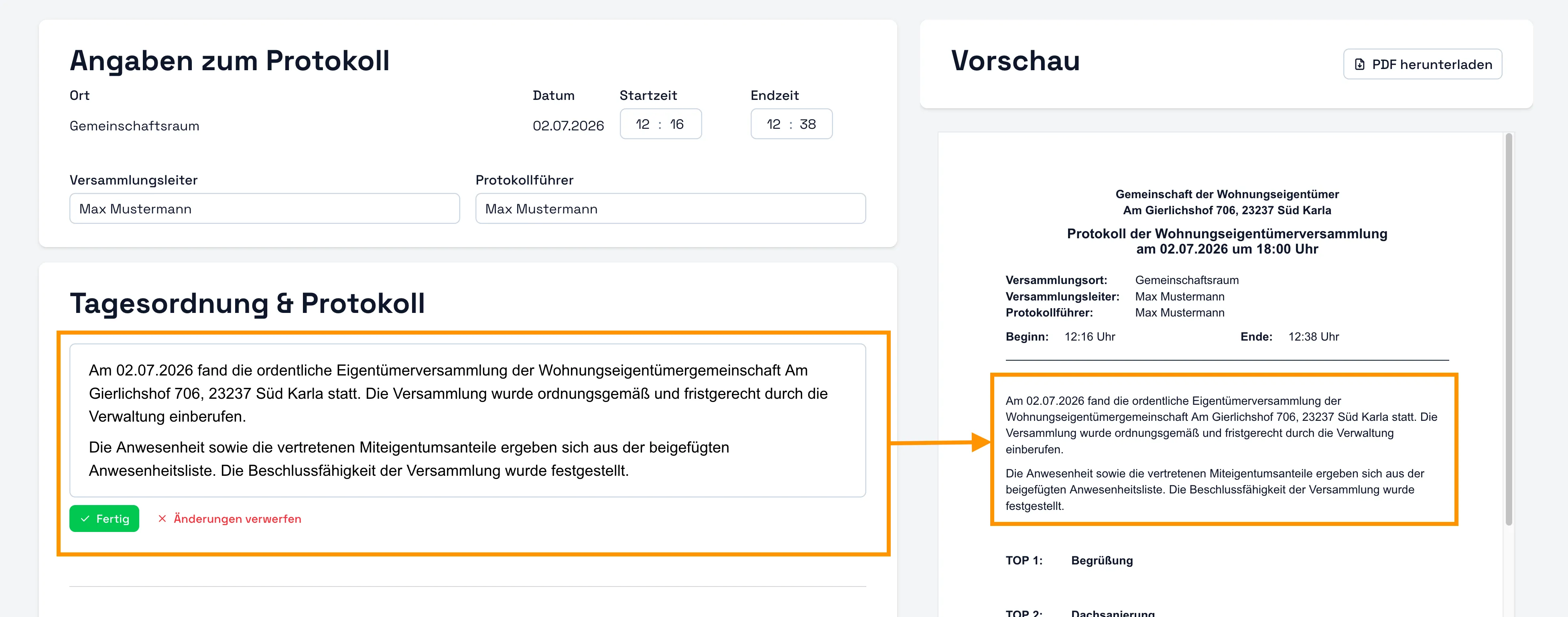 Protokoll-Einleitung und -Schlusswort bearbeiten