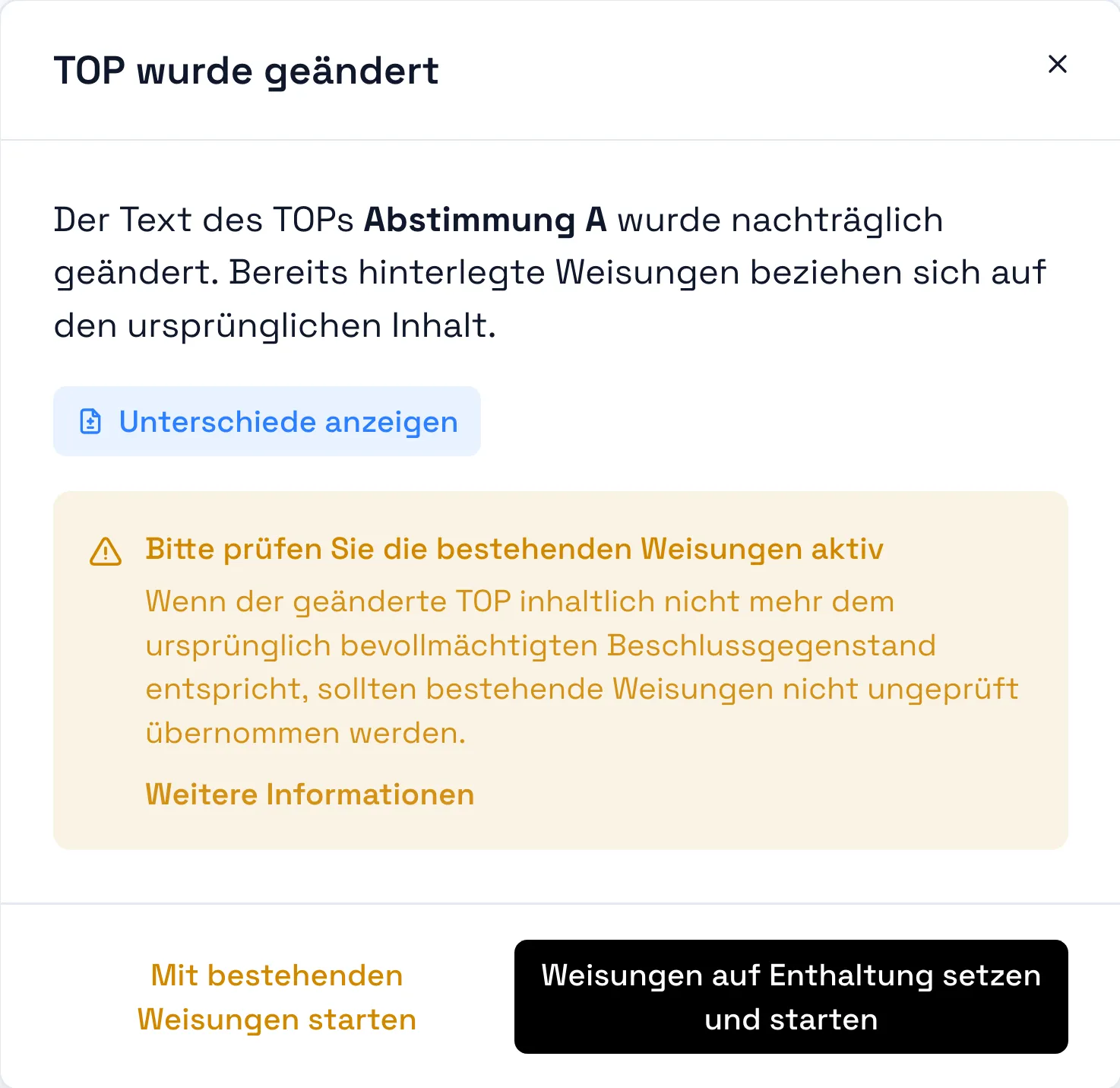 Hinweis vor dem Start einer Abstimmung bei geänderten Tagesordnungspunkten
