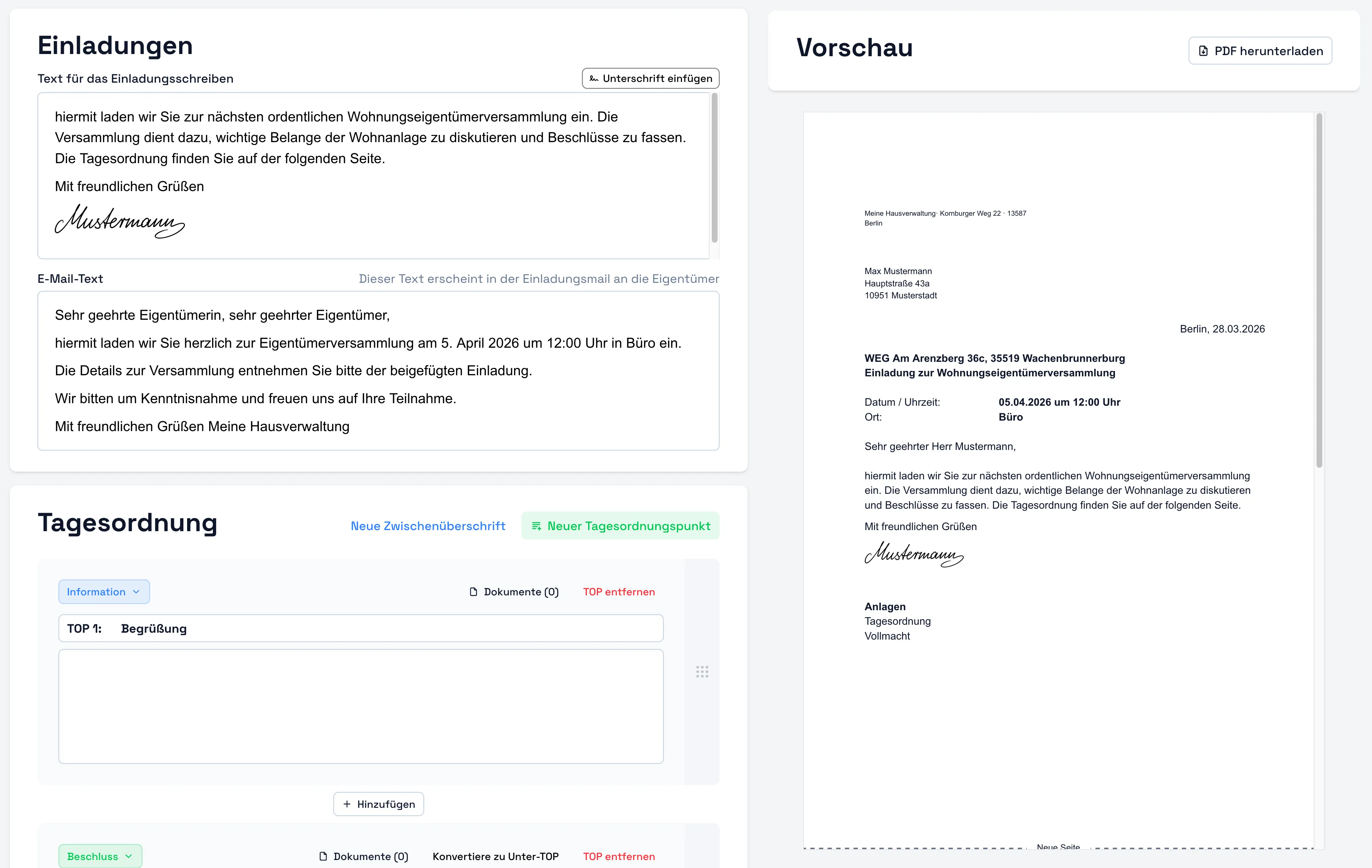 Hinzufügen von Unterschriften zu Einladungsschreiben